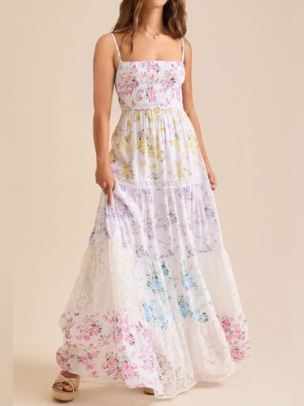 FLORAL LACE PANEL CAMI SHIRRED MAXI DRESS - Picture 3 of 6